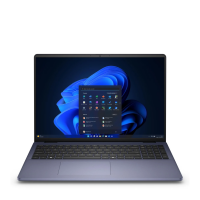 Laptop Dell DC16251 w kolorze Midnight Blue z otwartą klapą, prezentujący pulpit systemu Windows 11 z widocznym menu start na tle niebieskiej tapety.