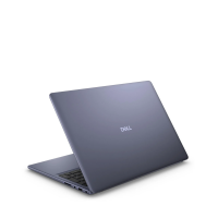 Notebook Dell DC16251 w kolorze Midnight Blue, widok z tyłu na zamkniętą obudowę z logo Dell oraz odsłoniętą część klawiatury i porty na bocznej krawędzi.