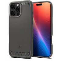 Szare etui Spigen Rugged Armor z MagSafe do iPhone 16 Pro Max, prezentujące potrójny aparat, karbonowe akcenty oraz widok na wyświetlacz smartfona.