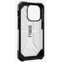 Przezroczyste etui UAG Plasma Armor do iPhone 15 Pro z czarną, wzmocnioną ramką, widocznym logo UAG na pleckach oraz wycięciem na wyspę aparatów.