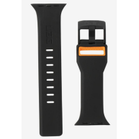 Czarny pasek UAG Civilian do Apple Watch 42-49 mm z charakterystyczną pomarańczową wstawką przy klamrze, widoczne zapięcie oraz logo UAG na obu częściach.