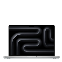 Apple MacBook Pro 14 w kolorze srebrnym z otwartą klapą, prezentujący abstrakcyjną, ciemną tapetę z płynnymi, geometrycznymi liniami na ekranie.