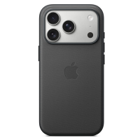 Czarne etui Apple TechWoven MagSafe do iPhone 17 Pro, widok na plecki z wytłoczonym logo Apple oraz charakterystyczną srebrną wyspą potrójnego aparatu.