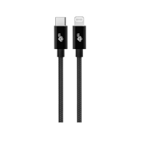 Czarny kabel TB USB-C na Lightning o długości 1m z certyfikatem MFI, prezentujący wtyki obu złączy z widocznym logo marki na czarnych obudowach wtyczek.