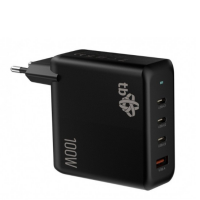 Czarna ładowarka sieciowa TB o mocy 100W z trzema portami USB-C i jednym USB-A, widoczna z profilu wraz z wtyczką europejską oraz podświetlanym wskaźnikiem.