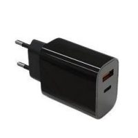 Czarna ładowarka sieciowa TB o mocy 20W z wtyczką europejską, posiadająca dwa porty wyjściowe USB-C oraz USB-A, widoczna w ujęciu z profilu.