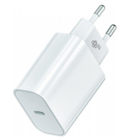 Biała ładowarka sieciowa TB USB-C 20W Power Delivery z wtyczką europejską, ukazana pod kątem z widocznym portem ładowania oraz logotypem producenta na obudowie.