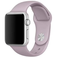 Apple Watch ze srebrną kopertą i silikonowym paskiem w kolorze lawendy, widok z boku na cyfrową koronkę oraz przycisk boczny urządzenia.