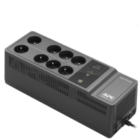Zasilacz awaryjny UPS APC Back-UPS 650VA w czarnej obudowie z ośmioma gniazdami typu francuskiego, portem USB-A, przyciskiem zasilania i diodami stanu.