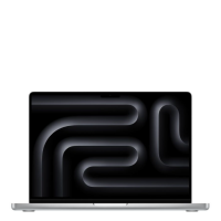 Apple MacBook Pro 14 cali w kolorze srebrnym, widok od przodu na otwartą klapę z abstrakcyjną, ciemną tapetą z motywem płynnych linii na wyświetlaczu.