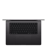 Apple MacBook Pro 16 cali w kolorze gwiezdna czerń, widok z góry na otwartą obudowę z czarną klawiaturą, panelem dotykowym i dużym gładzikiem na środku.