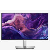 Monitor Dell P2425HE z cienkimi ramkami i wyświetlaczem prezentującym abstrakcyjną, fioletowo-różową grafikę, ustawiony na srebrnej podstawie z logo Dell.