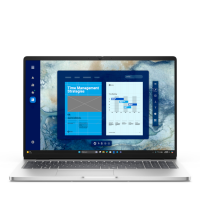 Srebrny laptop Dell Pro 16 z otwartą klapą, na której wyświetlony jest interfejs aplikacji do zarządzania czasem z artykułem Time Management Strategies.