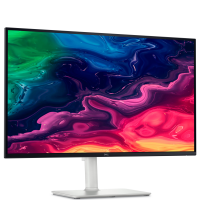 Monitor Dell S2725QC 27 cali z matrycą IPS 4K na jasnej podstawie, prezentujący kolorową, abstrakcyjną tapetę z płynnymi przejściami barw na ekranie.