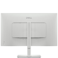 Widok z tyłu białego monitora Dell S2725QC 27 cali z centralnie umieszczoną podstawą, widocznymi portami HDMI, USB-C oraz przyciskami zasilania na obudowie.