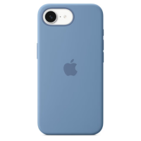 Silikonowe etui Apple w kolorze zimowy błękit do iPhone 16e z wycięciem na wyspę aparatów i centralnie umieszczonym wytłoczonym logo Apple na pleckach.
