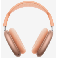 Pomarańczowe słuchawki bezprzewodowe Apple AirPods Max 2 z miękkimi nausznikami i metalowym pałąkiem, widok nauszników od przodu na jasnym tle.