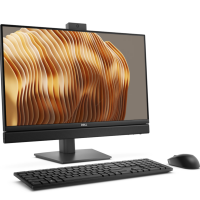 Czarny komputer Dell Pro QC24251 24 AIO z ekranem Full HD, wbudowaną kamerą na górze, podstawką, klawiaturą i myszką w widoku z perspektywy trzech czwartych.