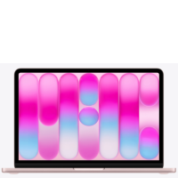 Apple MacBook Neo 13 cali w kolorze subtelny róż z otwartą klapą, prezentujący na ekranie abstrakcyjną tapetę z pionowymi, gradientowymi kształtami.