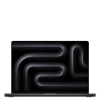 Apple MacBook Pro 16 cali w kolorze gwiezdna czerń, widok od przodu na otwarty laptop z abstrakcyjną, ciemną tapetą na ekranie i wcięciem na kamerę.