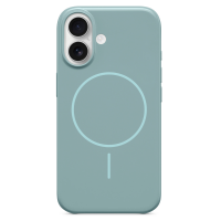 Niebieskie etui Beats z systemem MagSafe do iPhone 16, widok na tylny panel z charakterystycznym okręgiem ładowania oraz pionową wyspą dwóch obiektywów.