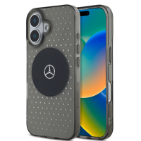 Czarne etui Mercedes z wzorem gwiazd i magnetycznym pierścieniem MagSafe do iPhone 16, prezentowane w widoku izometrycznym z widoczną wyspą aparatów.