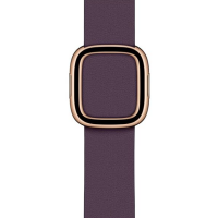 Śliwkowy pasek Apple z nowoczesną klamrą w kolorze złota do zegarka Apple Watch, widok z góry na skórzany pasek z eleganckim zapięciem w rozmiarze M.