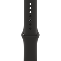 Czarny silikonowy pasek Apple do zegarka Apple Watch w rozmiarze M/L z widocznym zapięciem typu pin-and-tuck oraz rzędem otworów do regulacji obwodu.