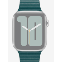 Srebrny Apple Watch z tarczą pokazującą cyfrę 10, wyposażony w karbowany pasek Apple z wysokiej jakości skóry w kolorze pawiego pióra, widok od frontu.