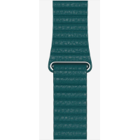 Pasek Apple do zegarka Apple Watch 46mm z karbowanej skóry w kolorze pawiego pióra, widoczny od frontu z charakterystycznym magnetycznym zapięciem.