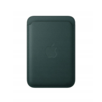 Ciemnozielony portfel Apple z tkaniny FineWoven z technologią MagSafe do iPhone, widoczny od frontu z wytłoczonym logo producenta na środku powierzchni.