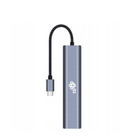 Szary adapter TB USB-C HUB 6w1 z przewodem w czarnym oplocie, widoczny od frontu z logotypem marki na obudowie oraz wtykiem USB-C do urządzeń Apple.