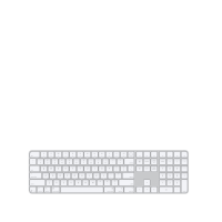 Bezprzewodowa klawiatura Apple Magic Keyboard z polem numerycznym w kolorze białym, widok z góry na układ klawiszy QWERTY oraz dedykowane przyciski funkcyjne.