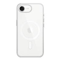Bezbarwne etui Apple Clear Case do iPhone 17e z widocznym okręgiem MagSafe na pleckach oraz precyzyjnym wycięciem na pojedynczy obiektyw aparatu.