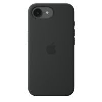 Czarne etui Apple do iPhone 17e z wycięciem na aparat i lampę błyskową, widoczne od strony plecków z centralnie umieszczonym logo producenta.