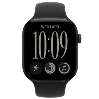 Czarny smartwatch Apple Watch S12 z widoczną tarczą z godziną 10:09, datą 1 kwietnia oraz ikonami aktywności, pierścieni ruchu i muzyki na czarnym tle.