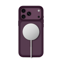 Matowe etui Tech-Protect MagMat w kolorze burgundowym na iPhone 18/17 Pro Max z widoczną wyspą aparatów oraz zamocowaną białą ładowarką indukcyjną MagSafe.