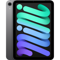 Tablet Apple iPad mini w kolorze gwiezdnej szarości z włączonym ekranem, na którym wyświetla się abstrakcyjna, kolorowa grafika w odcieniach zieleni i fioletu.