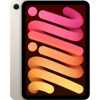 Tablet Apple iPad mini w kolorze starlight z włączonym ekranem, na którym wyświetla się abstrakcyjna, spiralna grafika w odcieniach różu, pomarańczu i żółci.