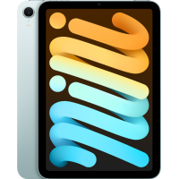 Tablet Apple iPad mini 6 w kolorze jasnoniebieskim, widoczny od przodu i tyłu, z włączonym ekranem prezentującym abstrakcyjną grafikę z kolorowymi spiralami.