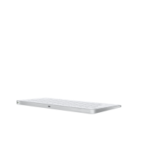 Bezprzewodowa klawiatura Apple Magic Keyboard w kolorze białym, widok z profilu na smukłą konstrukcję z widocznym portem ładowania USB-C na przedniej krawędzi.