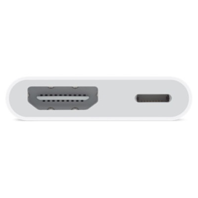 Oryginalna przejściówka Apple ze złącza Lightning na cyfrowe AV z widocznym portem HDMI oraz złączem Lightning do ładowania, ujęcie na białym tle.