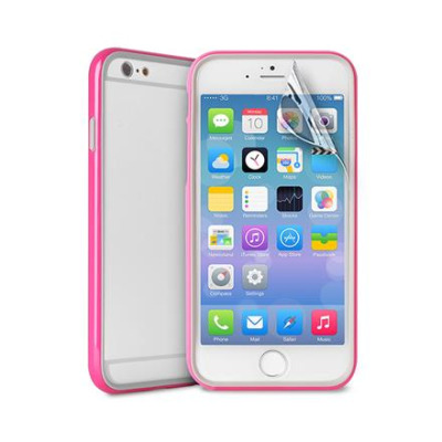 Różowe etui PURO Bumper Cover do iPhone 6/6s pokazane z przodu i z tyłu, z widoczną folią ochronną odklejaną z ekranu smartfona z systemem iOS.