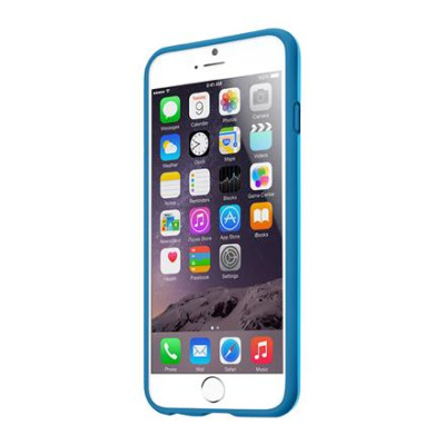 Niebieskie etui Laut HUEX do iPhone 6 Plus z widocznym wycięciem na aparat, przyciskami bocznymi oraz logo marki LAUT umieszczonym w dolnej części obudowy.