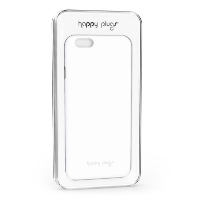 Białe etui Happy Plugs Ultra Thin do iPhone 6/6s w przezroczystym opakowaniu z logo marki, widoczny otwór na aparat oraz minimalistyczny design produktu.