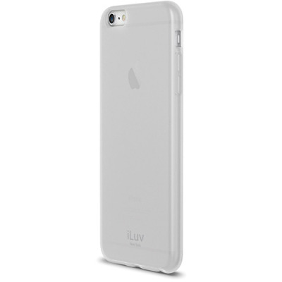 Półprzezroczyste białe etui iLuv Gelato do iPhone 6 lub 6s Plus, ukazujące profil telefonu z widocznymi przyciskami bocznymi oraz logo marki na dole.