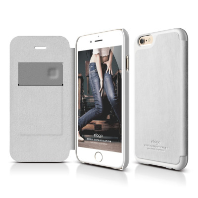 Białe etui typu flip case Elago do iPhone 6 Plus i 6S Plus z miejscem na kartę, pokazane z trzech stron, z logo marki i napisem Simple Sophistication.