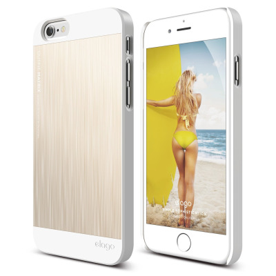 Złote etui Elago Outfit Matrix do iPhone 6/6S z białymi wykończeniami, ukazujące tył z wycięciem na aparat oraz przód z tapetą plażową i napisem elago.