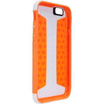 Biało-pomarańczowe etui Thule Atmos X3 do iPhone 6 oraz 6s, ukazujące wnętrze pokrowca z wycięciem na aparat oraz przyciskami głośności na bocznej krawędzi.