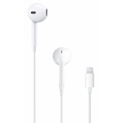 Białe słuchawki przewodowe Apple EarPods ze złączem Lightning, widoczne od frontu i boku, z wyraźnie zaznaczonym oznaczeniem lewej słuchawki literą L.